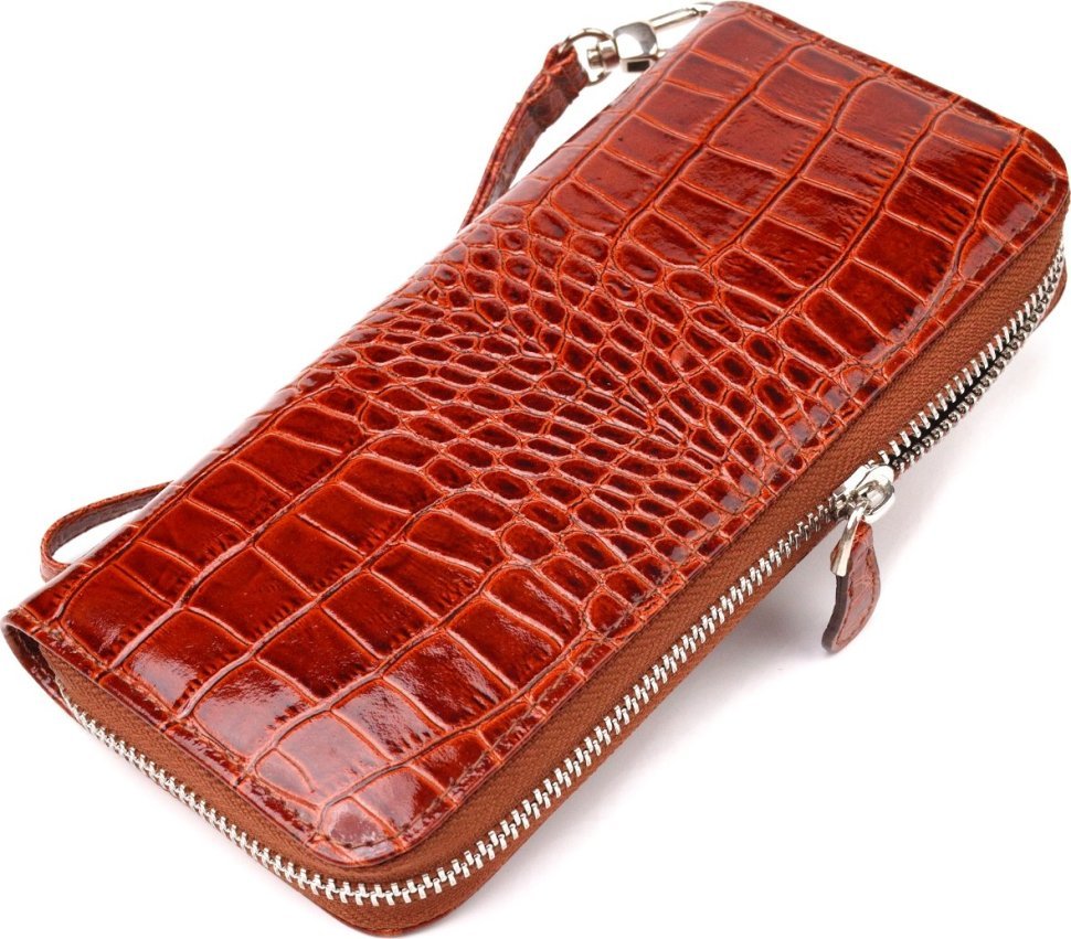 Лаковий коричневий жіночий гаманець із натуральної шкіри під крокодила CANPELLINI (2421620)