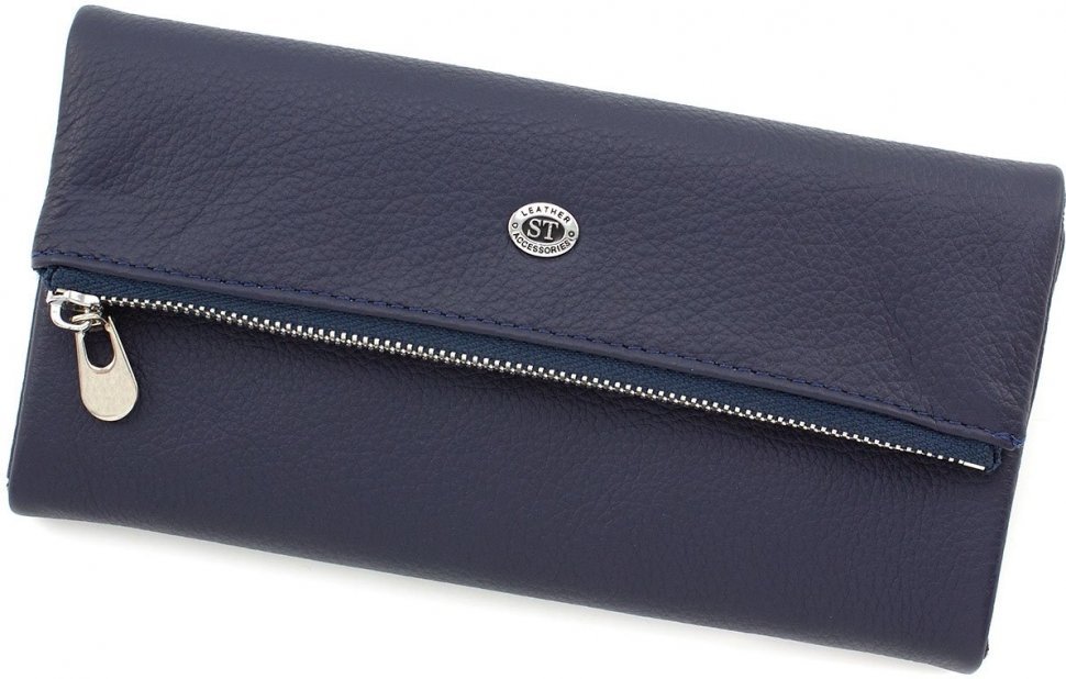 Шкіряний жіночий гаманець темно-синього кольору з фактурної шкіри на кнопці ST Leather (15348)