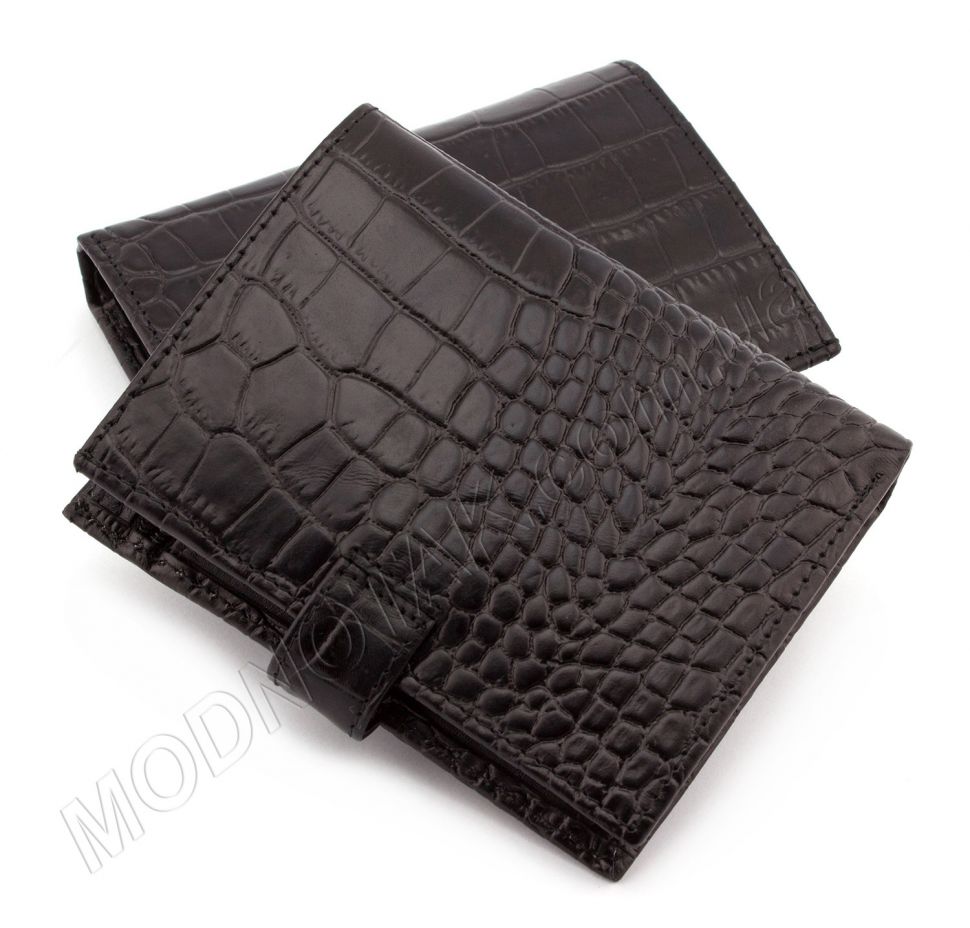 Чоловіче шкіряне портмоне чорного кольору з фактурою під крокодила - KARYA (19725)