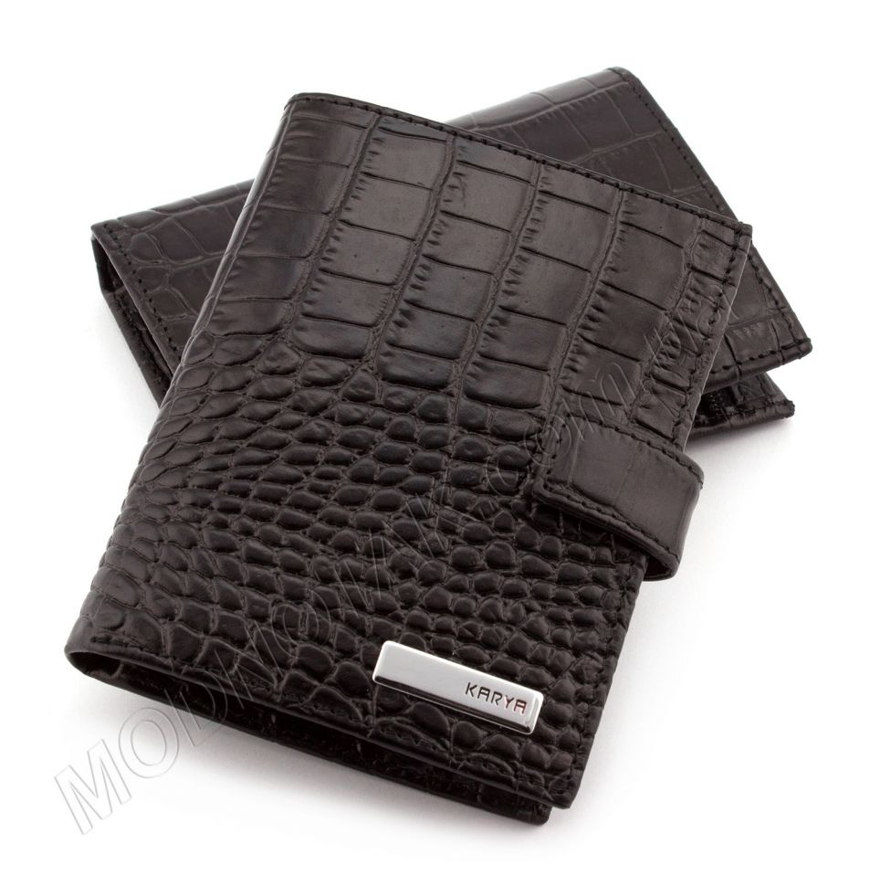 Чоловіче шкіряне портмоне чорного кольору з фактурою під крокодила - KARYA (19725)