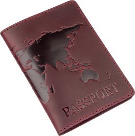 Кожаная матовая обложка на паспорт цвета марсала с тиснением карты мира Shvigel (2413955)