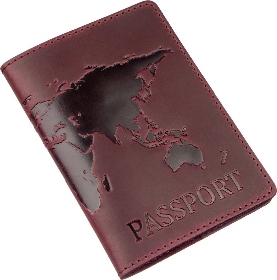 Шкіряна матова обкладинка на паспорт кольору марсалу з тисненням мапи світу Shvigel (2413955)