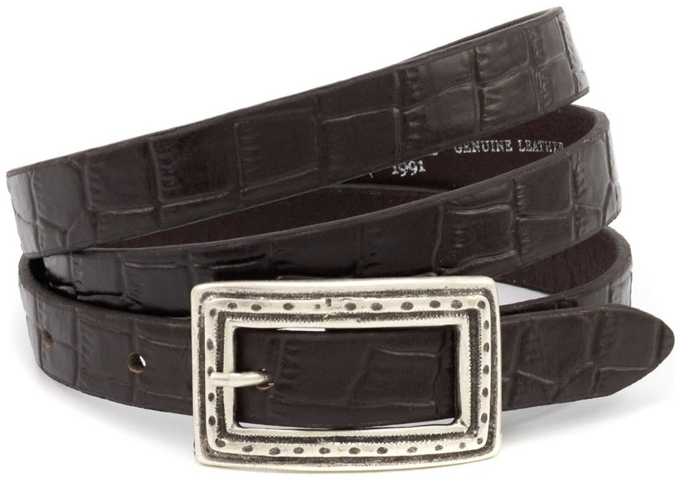 Шкіряний жіночий ремінь з фактурою шкіри крокодила Leather Collection 102829 коричневий modnotak фото №1