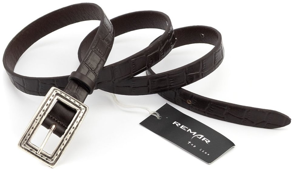 Шкіряний жіночий ремінь з фактурою шкіри крокодила Leather Collection 102829 коричневий modnotak фото №3