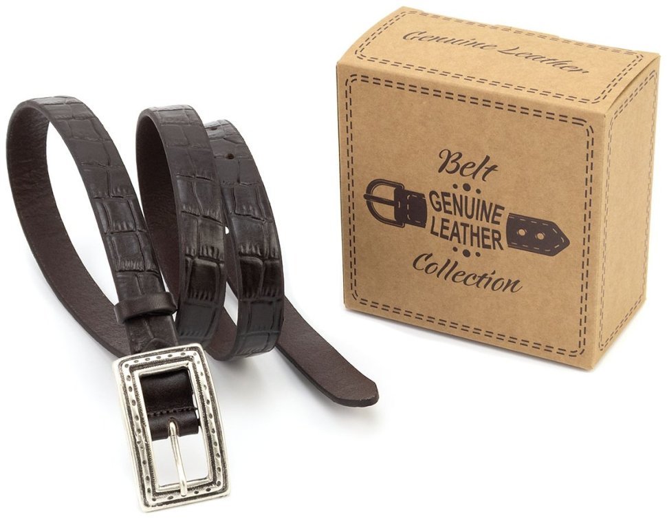 Шкіряний жіночий ремінь з фактурою шкіри крокодила Leather Collection 102829 коричневий modnotak фото №5