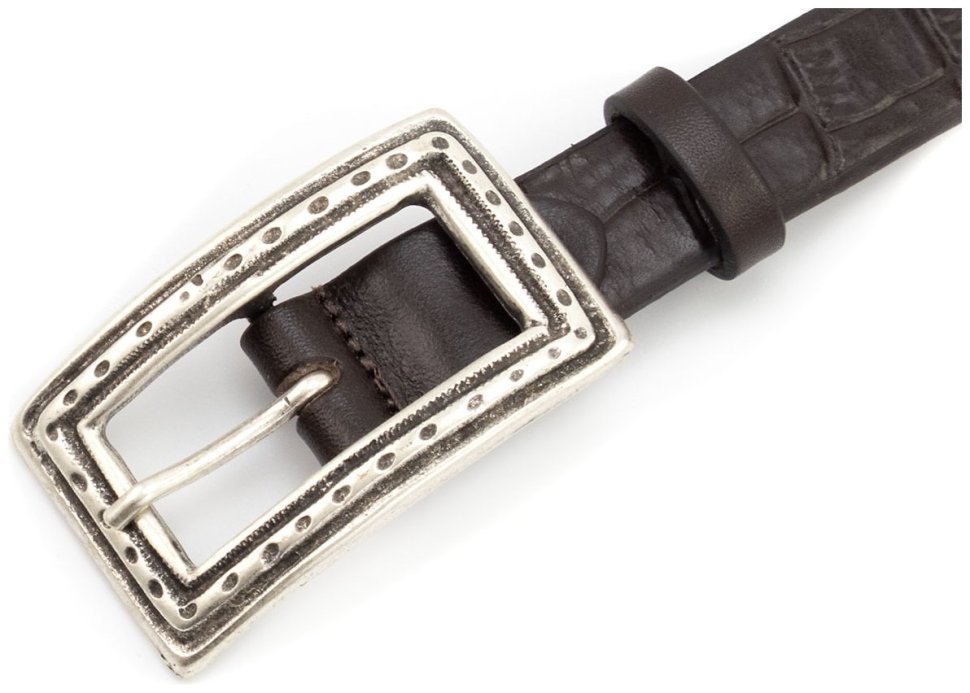 Шкіряний жіночий ремінь з фактурою шкіри крокодила Leather Collection 102829 коричневий modnotak фото №2