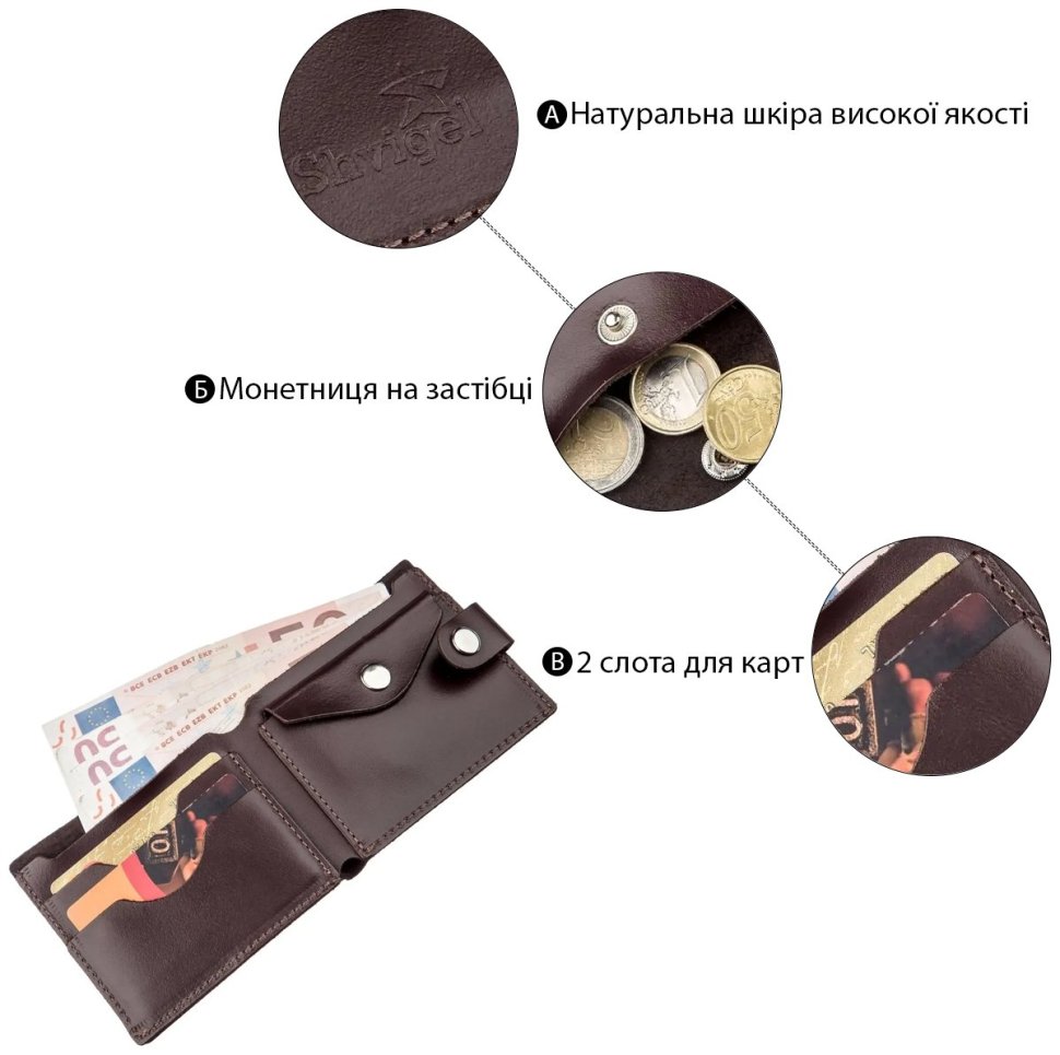 Чоловічий шкіряний портмоне горизонтального типу в темно-коричневому кольорі SHVIGEL (2416213) modnotak фото №11