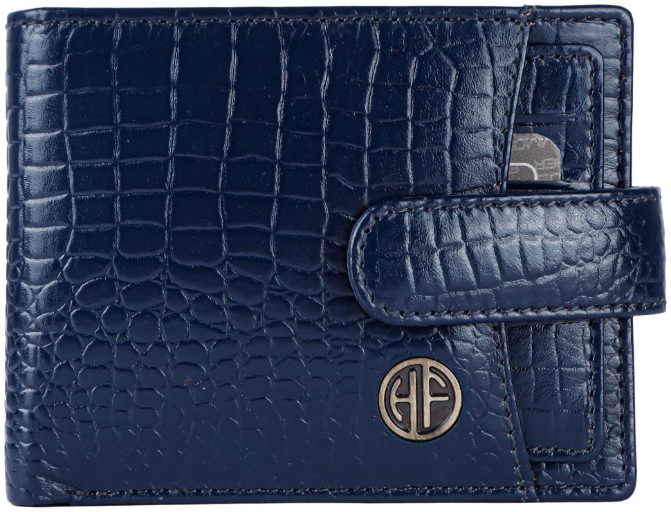 Мужское портмоне из кожи под фактуру кроко на кнопке с блоком для картHammonds Flycatcher HF502 синего цвета 108029 modnotak фото №1