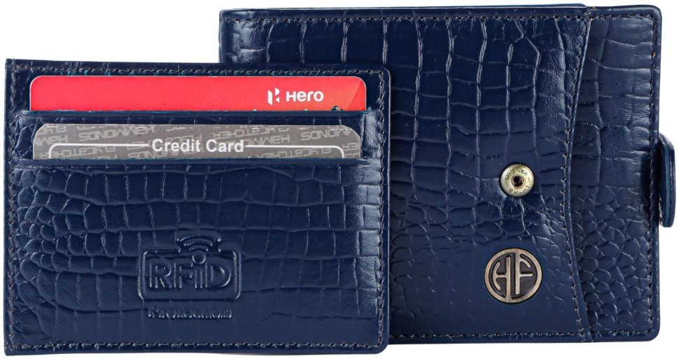 Мужское портмоне из кожи под фактуру кроко на кнопке с блоком для картHammonds Flycatcher HF502 синего цвета 108029 modnotak фото №2