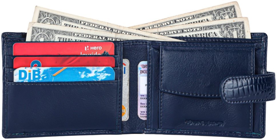 Мужское портмоне из кожи под фактуру кроко на кнопке с блоком для картHammonds Flycatcher HF502 синего цвета 108029 modnotak фото №3