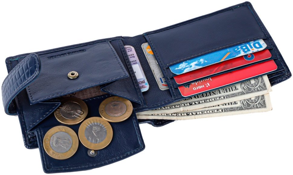 Мужское портмоне из кожи под фактуру кроко на кнопке с блоком для картHammonds Flycatcher HF502 синего цвета 108029 modnotak фото №4