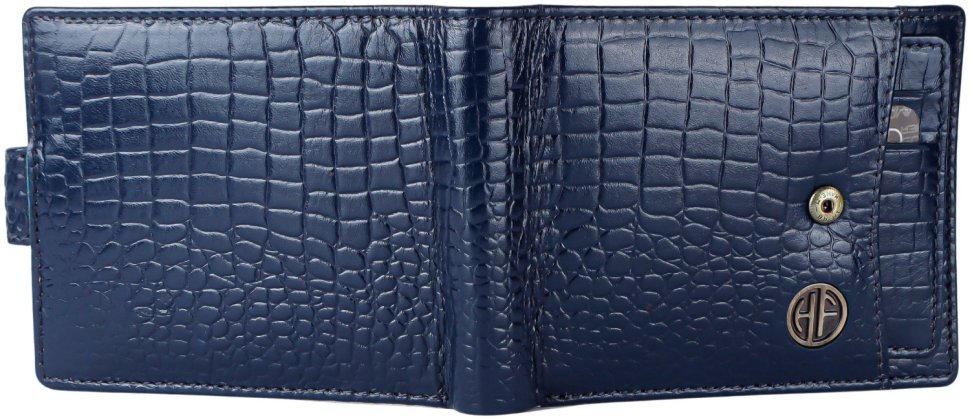 Мужское портмоне из кожи под фактуру кроко на кнопке с блоком для картHammonds Flycatcher HF502 синего цвета 108029 modnotak фото №5