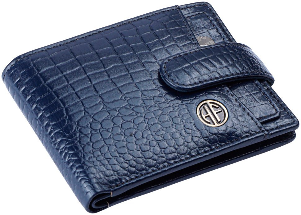Мужское портмоне из кожи под фактуру кроко на кнопке с блоком для картHammonds Flycatcher HF502 синего цвета 108029 modnotak фото №6