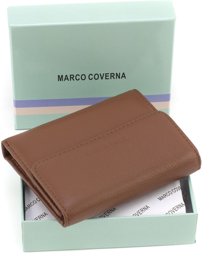 Невеликий шкіряний жіночий гаманець коричневого кольору на магніті Marco Coverna 68629
