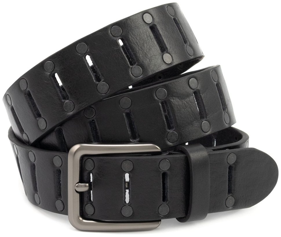 Ремінь із натуральної італійської шкіри з перфорацією та заклепками Gherardini 40836 (чорний modnotak фото №1