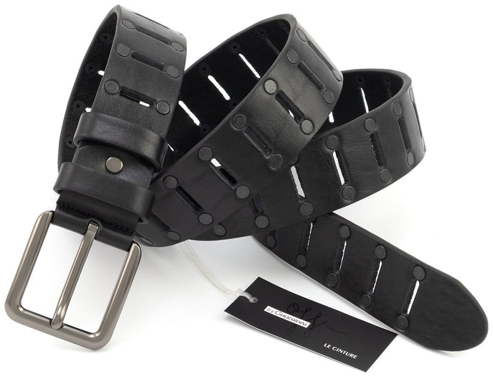 Ремінь із натуральної італійської шкіри з перфорацією та заклепками Gherardini 40836 (чорний modnotak фото №4
