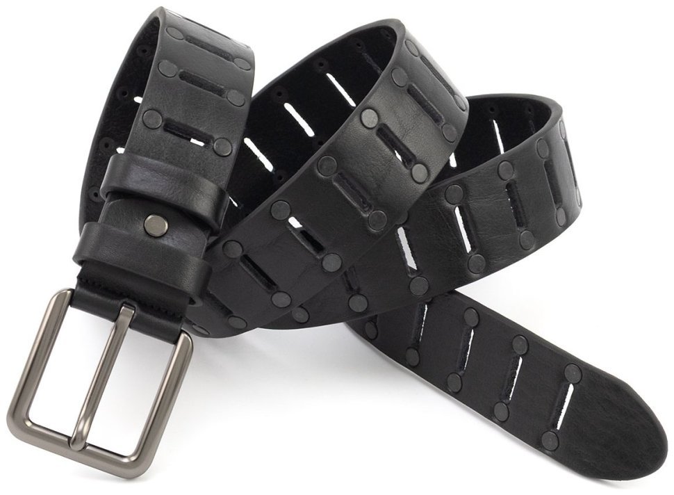 Ремінь із натуральної італійської шкіри з перфорацією та заклепками Gherardini 40836 (чорний modnotak фото №5