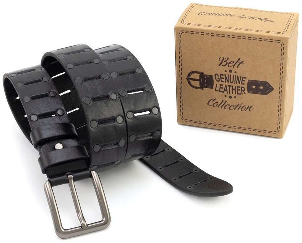 Ремінь із натуральної італійської шкіри з перфорацією та заклепками Gherardini 40836 (чорний modnotak фото №6