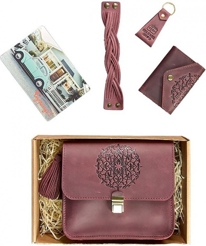 Жіночий подарунковий набір з вінтажній шкіри (сумка, Картхолдер, браслет, брелок) BlankNote (12351)