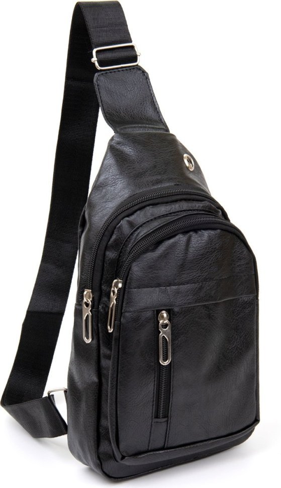 Черная мужская сумка-рюкзак через плечо из кожзаменителя Vintage (20513)