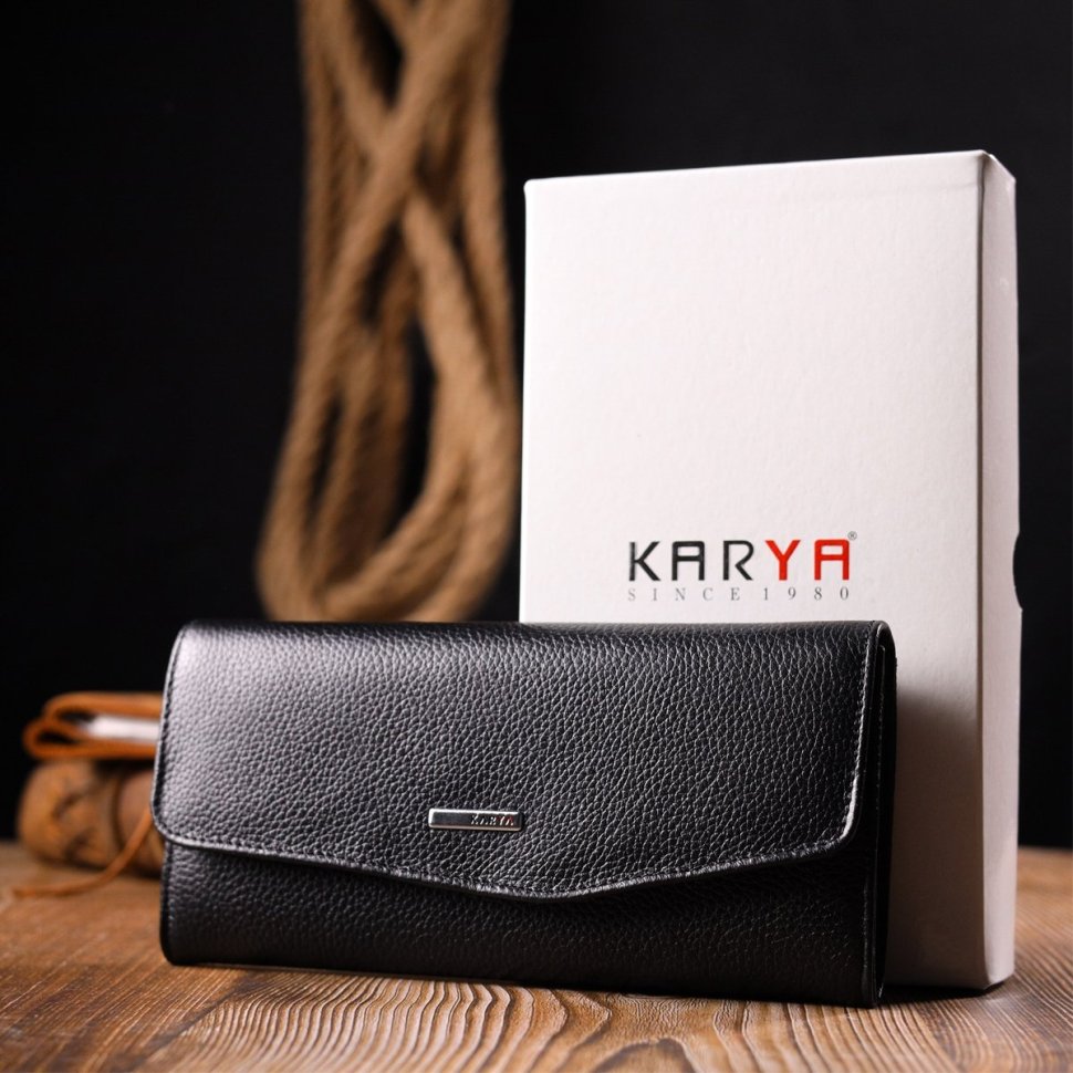 Класичний жіночий чорний гаманець з натуральної шкіри з клапаном KARYA (2421116)