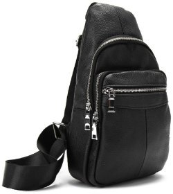 Чоловіча сумка-слінг вертикального типу із фактурної шкіри чорного кольору Tiding Bag 77530