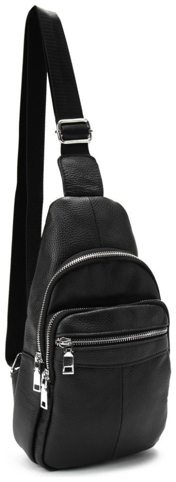 Мужская сумка-слинг вертикального типа из фактурной кожи черного цвета Tiding Bag 77530