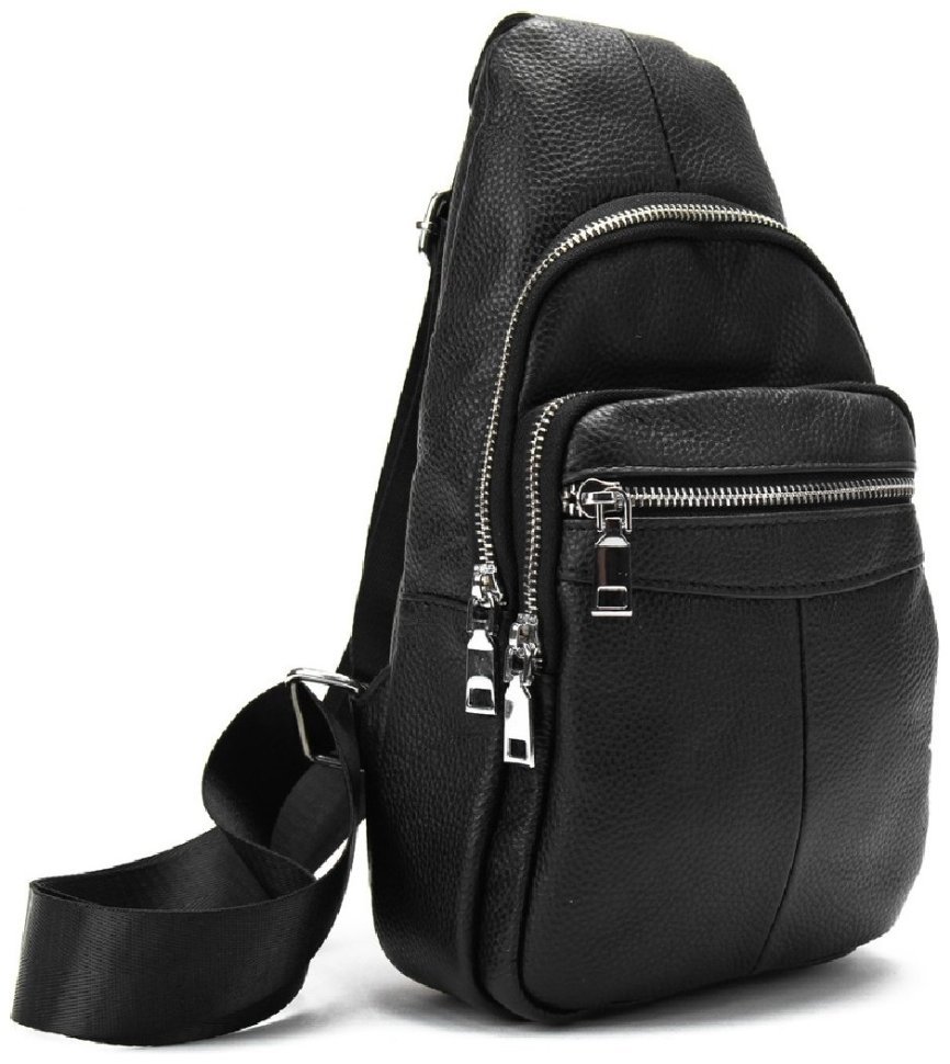 Мужская сумка-слинг вертикального типа из фактурной кожи черного цвета Tiding Bag 77530 modnotak фото №5