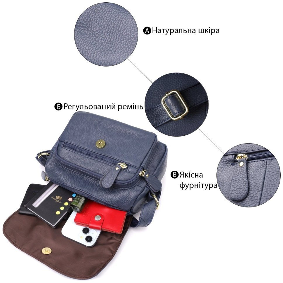 Повседневная женская сумка из фактурной кожи синего цвета через плечо Vintage 98130 фото №4 Повседневная женская сумка из фактурной кожи синего цвета через плечо Vintage 98130 modnotak фото №4