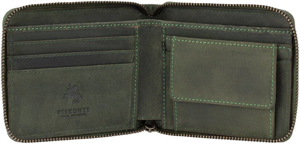 Зеленое мужское портмоне из винтажной кожи на молнии Visconti Bullet 69030