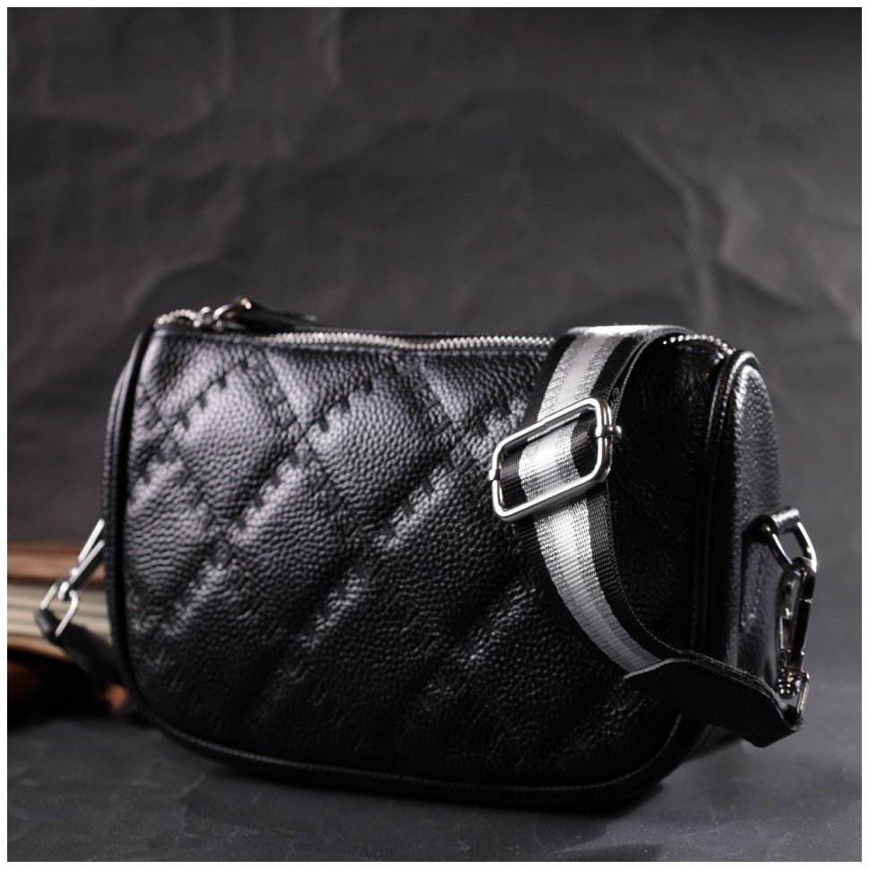 Черная женская стеганая сумка из натуральной кожи на плечо Vintage 2422394