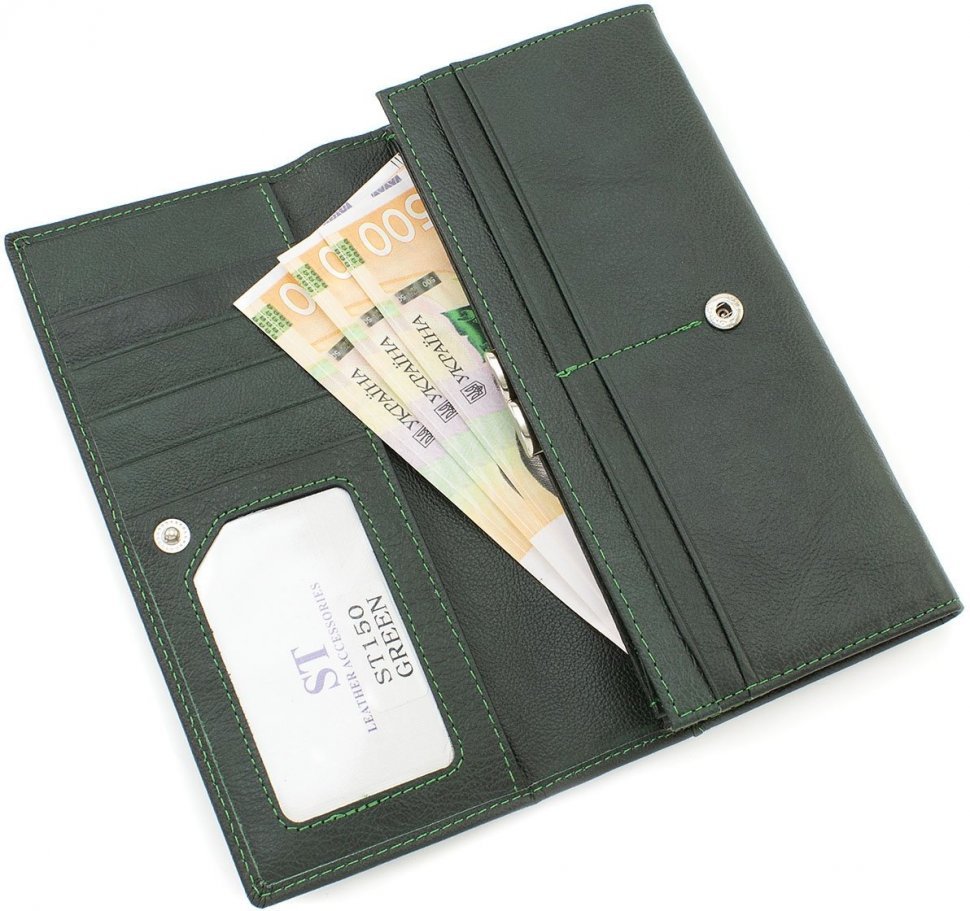 Шкіряний жіночий гаманець зеленого кольору на кнопці ST Leather (17289)