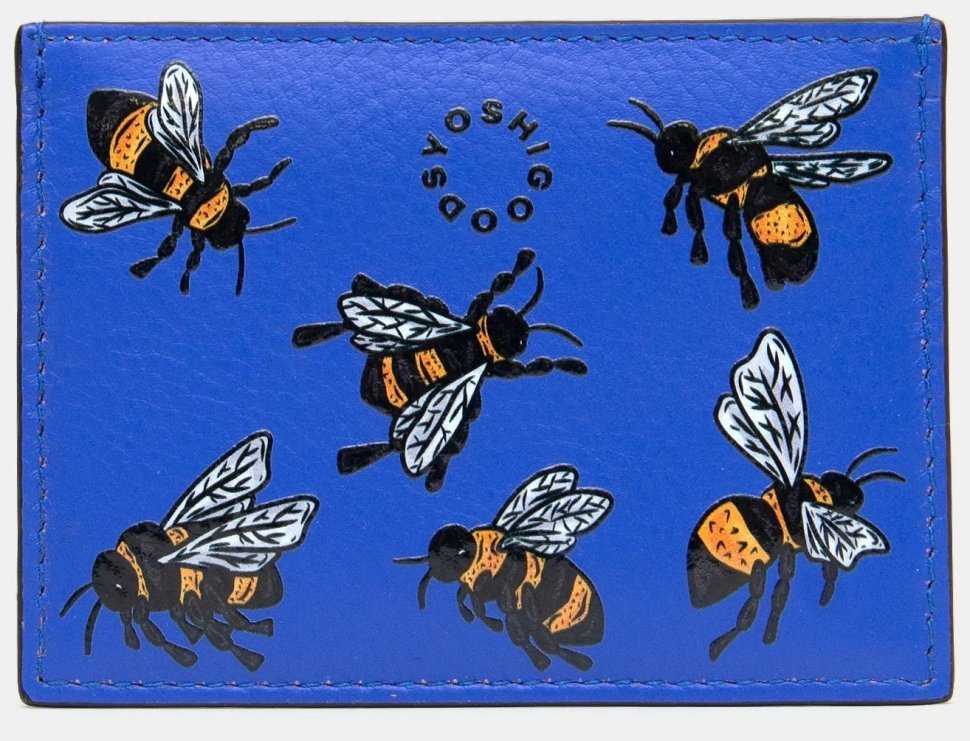 Кожаный кардхолдер синего цвета с принтом пчелок Yoshi Y1218 94931 modnotak фото №1