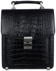 Вертикальная каркасная сумка барсетка из натуральной кожи с фактурой под крокодила DESISAN 107831 черная