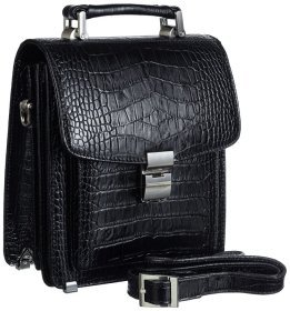 Вертикальная каркасная сумка барсетка из натуральной кожи с фактурой под крокодила DESISAN 107831 черная