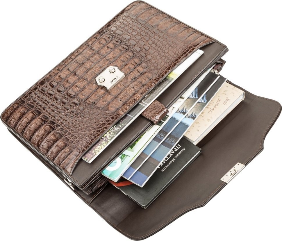 Большой портфель из натуральной кожи крокодила коричневого цвета CROCODILE LEATHER (024-18261) modnotak фото №3
