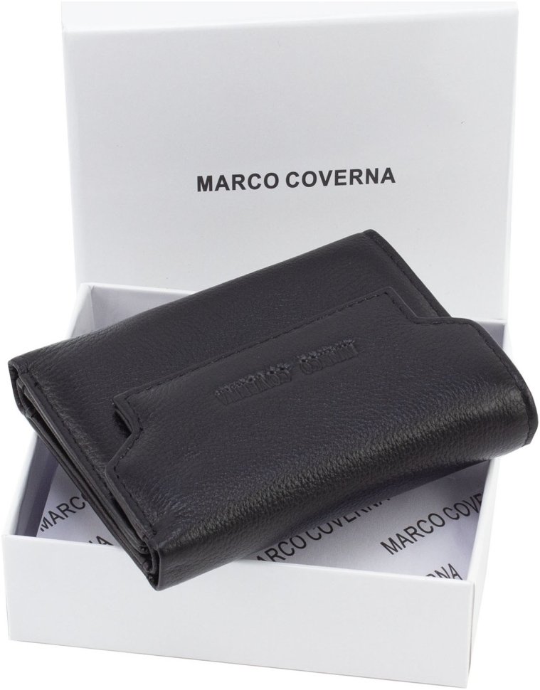 Миниатюрный женский кошелек из натуральной кожи черного цвета на магните Marco Coverna 68631