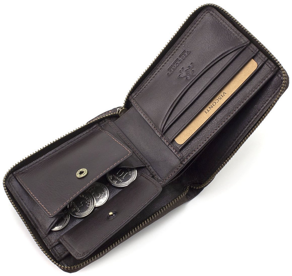Небольшой коричневый кошелек из натуральной кожи высокого качества на молнии Visconti Camden 69131
