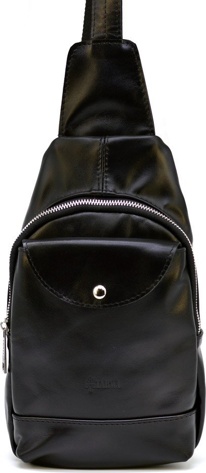 Мужской кожаный рюкзак-слинг черного цвета с одной лямкой TARWA (21658)