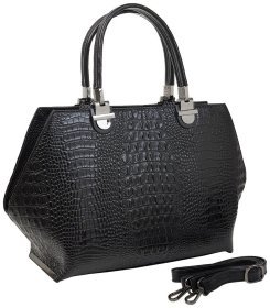 Черная женская солидная сумка из натуральной кожи с фактурой под крокодила Desisan 81632