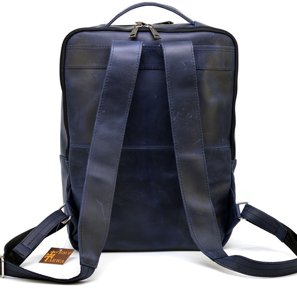 Шкіряний міський рюкзак синього кольору з натуральної шкіри із відділенням під ноутбук TARWA (19860)