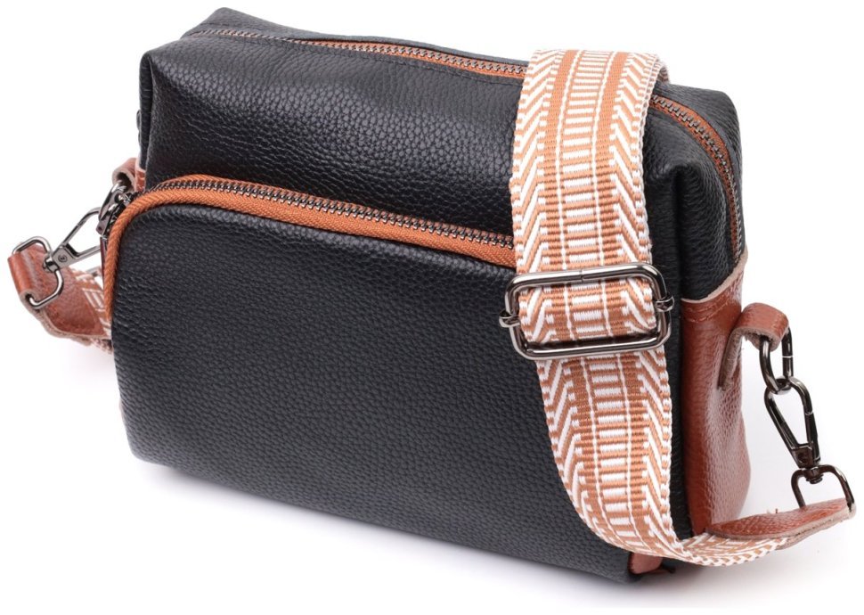 Сумка из натуральной кожи с текстильным ремнем Vintage 22588 Черная modnotak фото №1