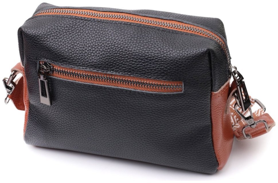 Сумка из натуральной кожи с текстильным ремнем Vintage 22588 Черная modnotak фото №2