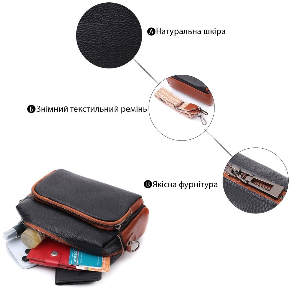 Сумка из натуральной кожи с текстильным ремнем Vintage 22588 Черная modnotak фото №4