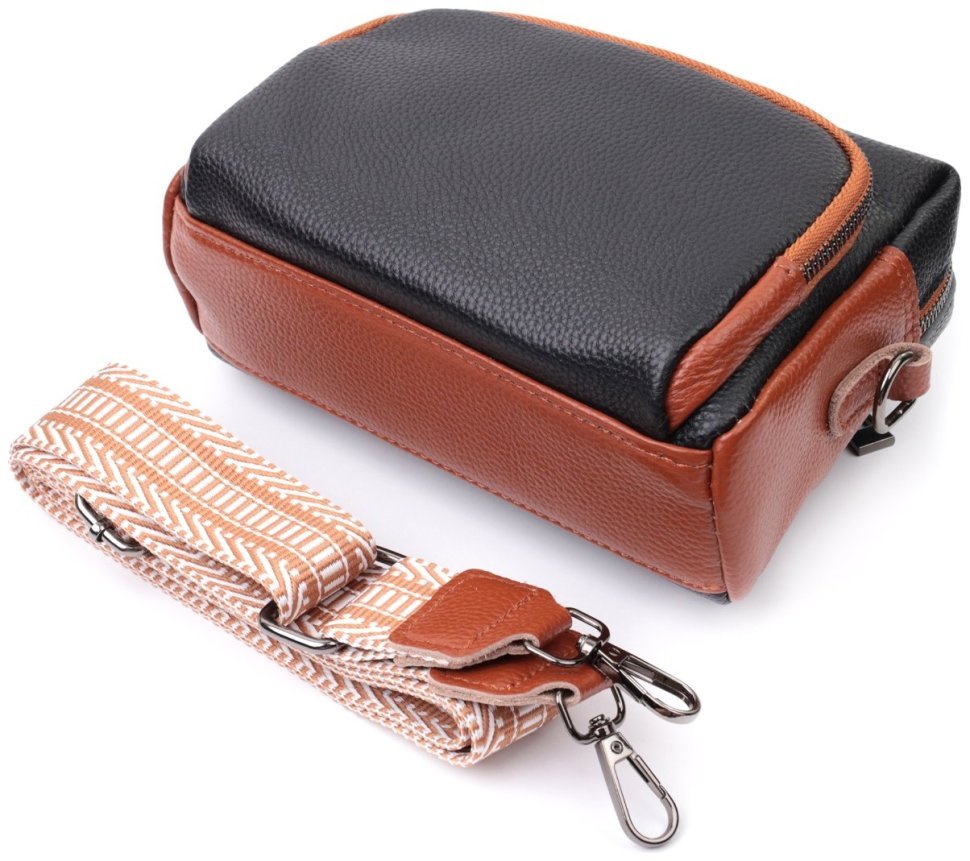 Сумка из натуральной кожи с текстильным ремнем Vintage 22588 Черная modnotak фото №7