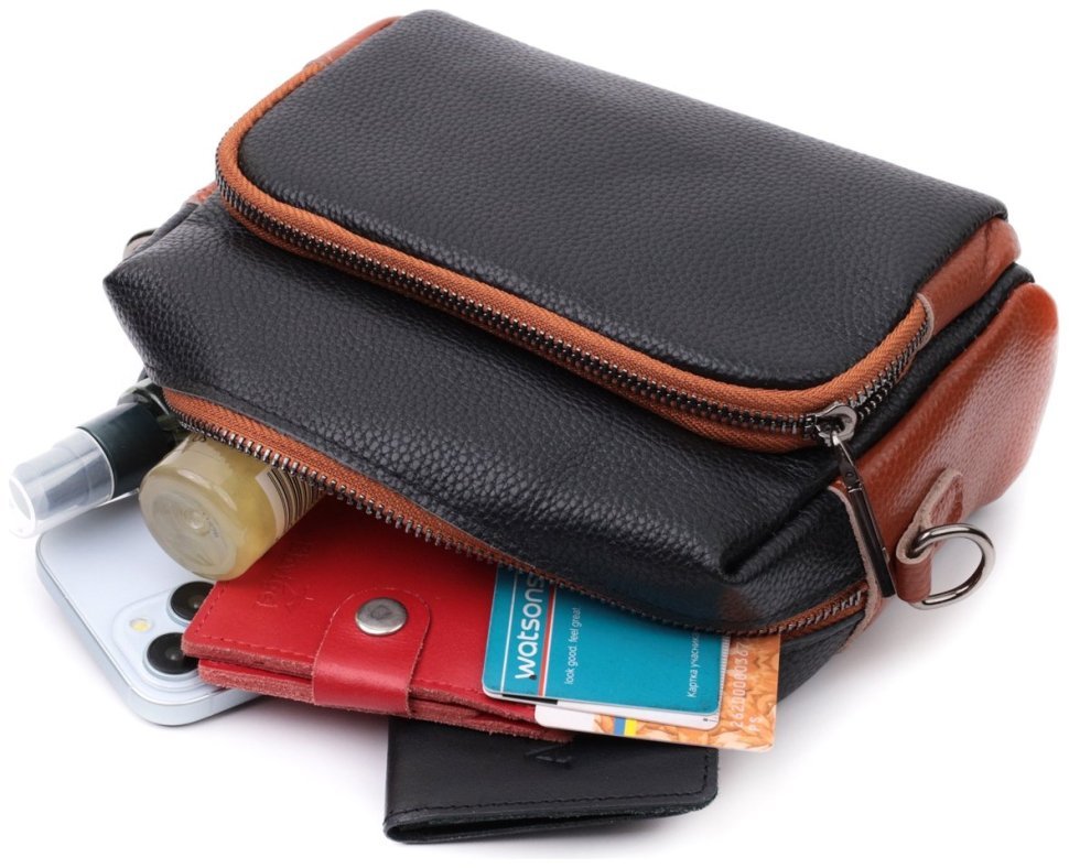 Сумка из натуральной кожи с текстильным ремнем Vintage 22588 Черная modnotak фото №10