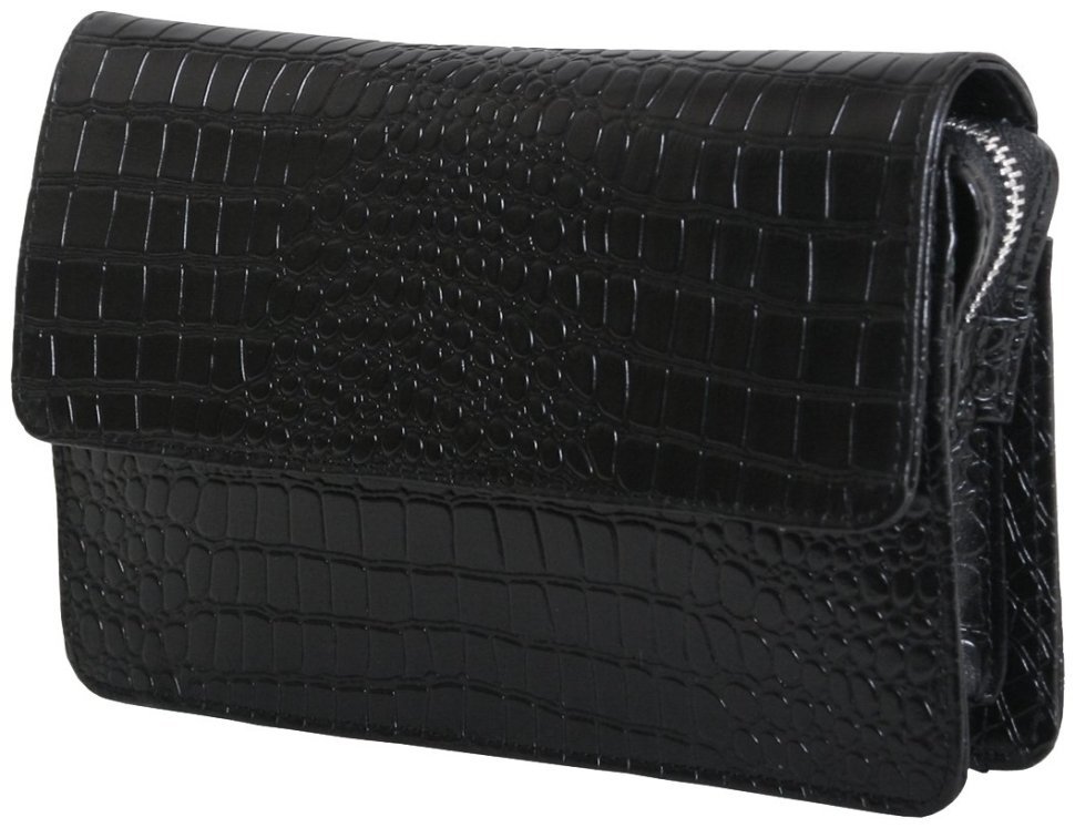 Барсетка чорного кольору зі шкіри кроко з клапаном Vip Collection 102632 modnotak фото №1