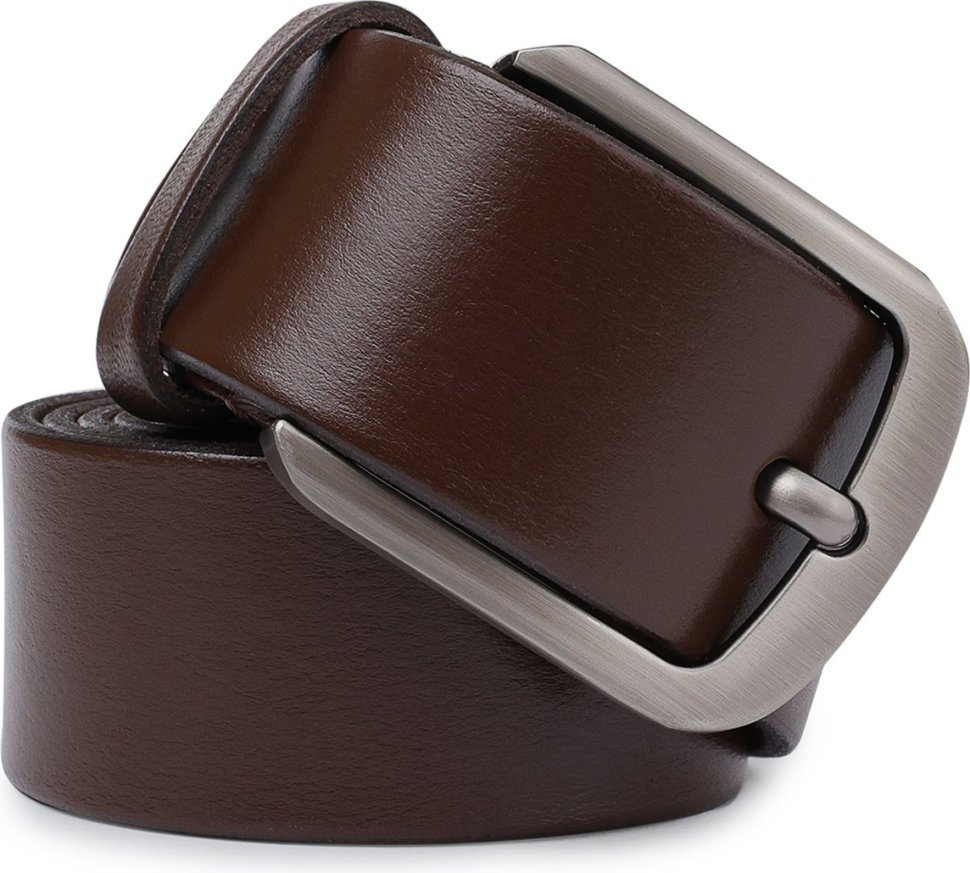 Кожаный мужской брючный ремень коричневого цвета с серебристой пряжкой Vintage (2420726)