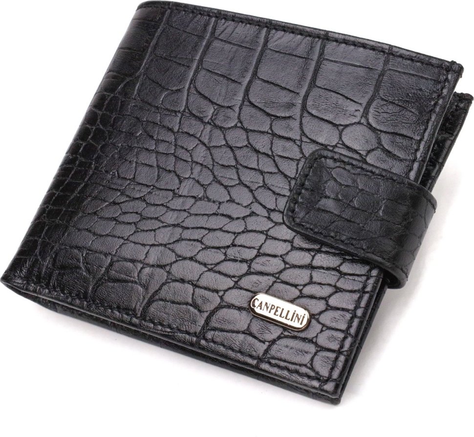 Якісне чоловіче портмоне чорного кольору з натуральної шкіри з тисненням під крокодила CANPELLINI (2421768)