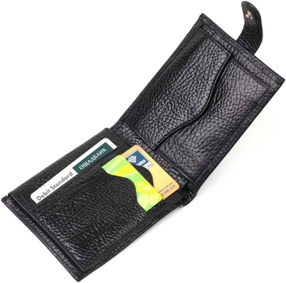 Черный мужской кошелек из натуральной кожи с выраженной фактурой на кнопке Tony Bellucci (2422015)